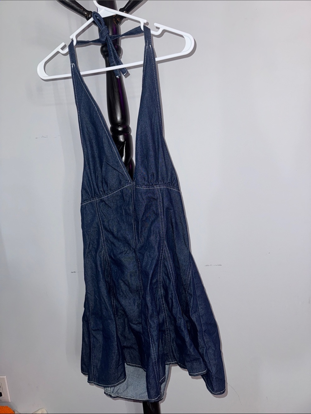 Navy Blue Denim Halter One-Piece Dress